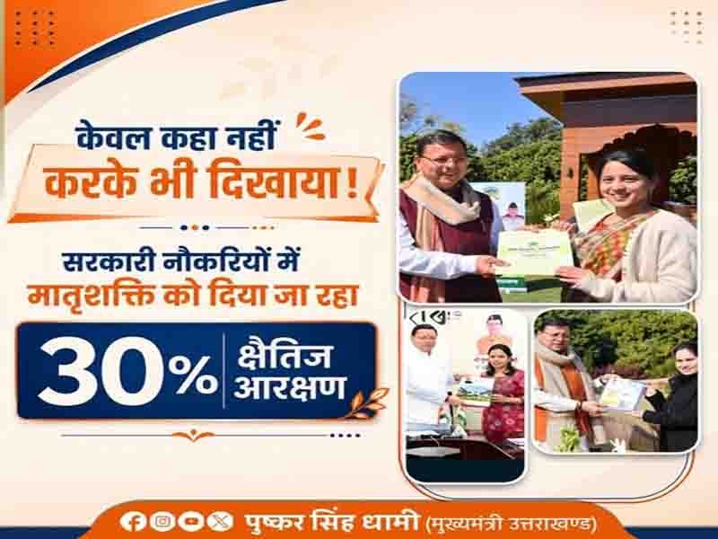 प्रदेश सरकार द्वारा सरकारी नौकरियों में महिलाओं के लिए 30% क्षैतिज आरक्षण लागू किया गया है:” मुख्यमंत्री