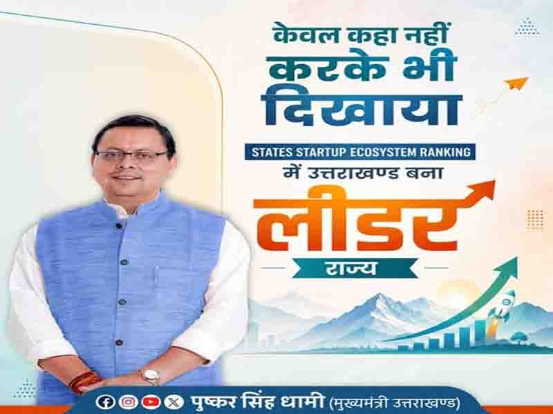 States’ Startup Ecosystem Ranking में उत्तराखण्ड ने ‘लीडर’ की श्रेणी में स्थान प्राप्त किया है:” मुख्यमंत्री